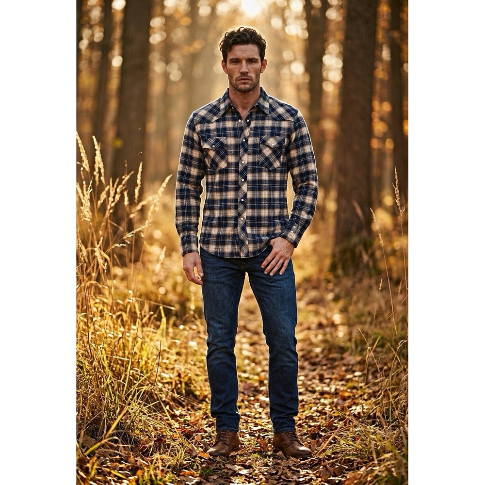 Wrangler Mens Blue Beige Plaid Flannel Western Snap Button Up Shirt L MW10081